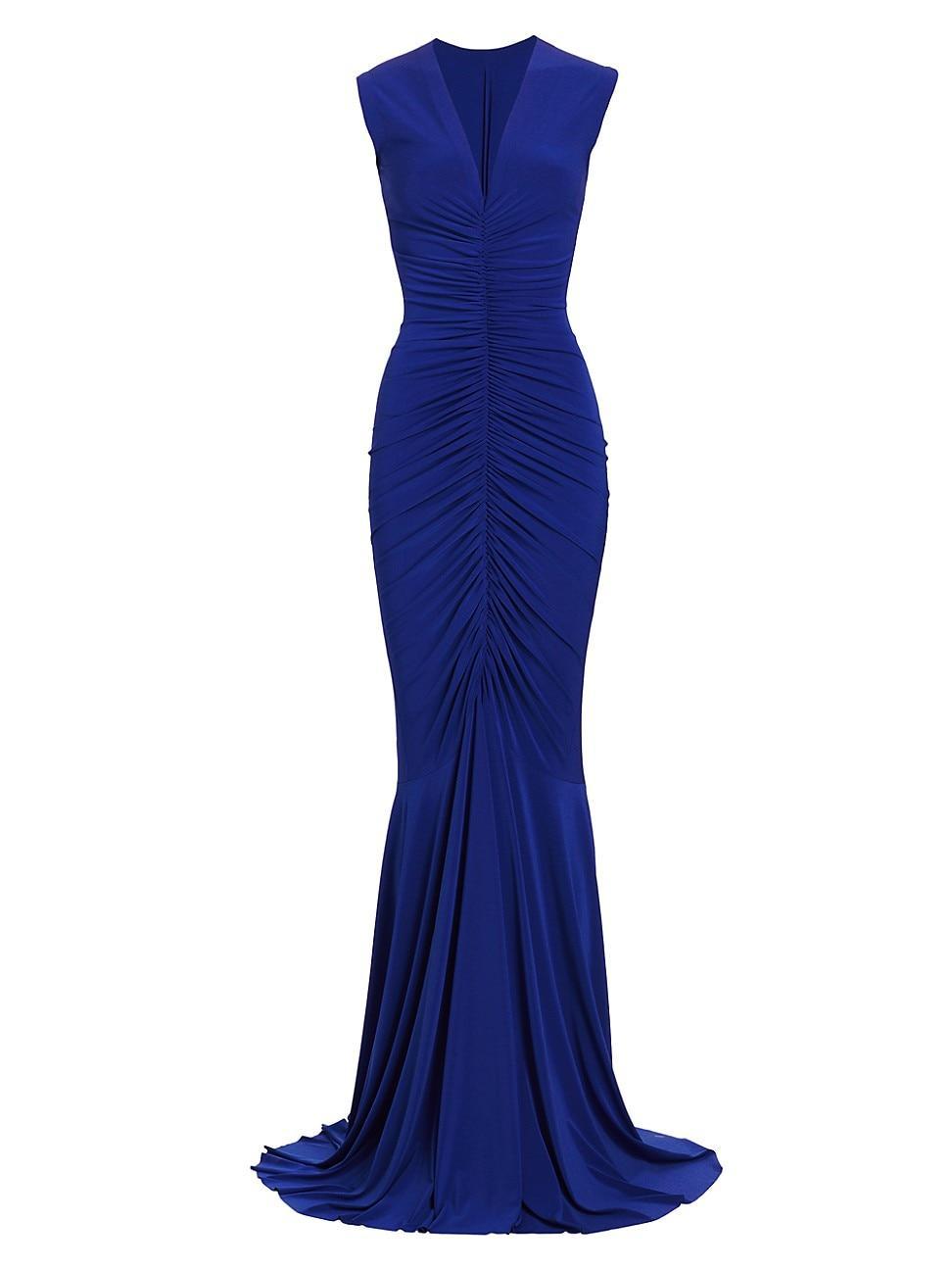 Norma Kamali Sleeveless Deep V Neck Shirred Front Fishtail Gown Royal. (also in S). Product Image