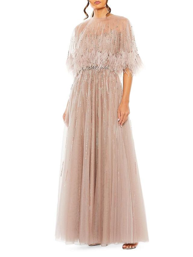 Womens Embellished Feather CapeA-Line Gown Product Image