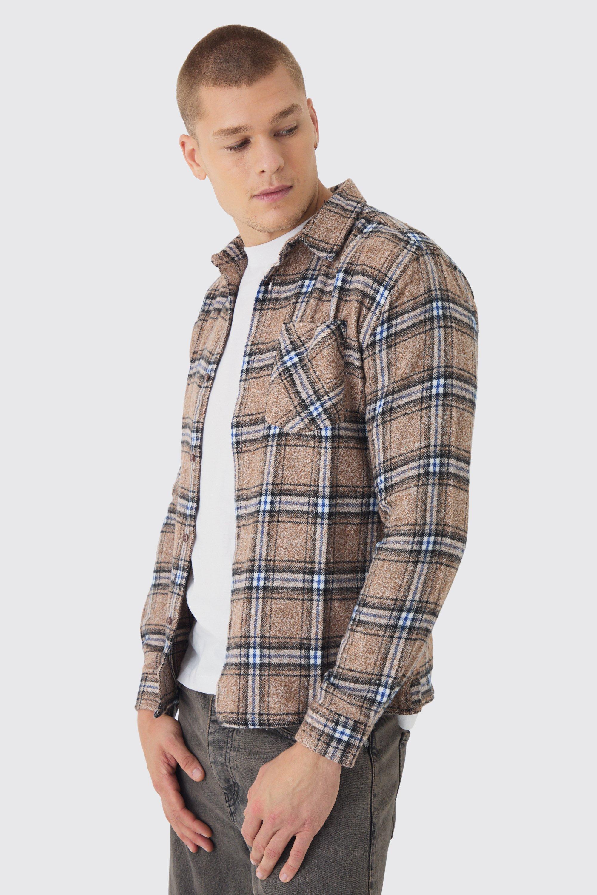 Mens Beige Regular Fit Long Sleeve Check Shirt, Beige Product Image