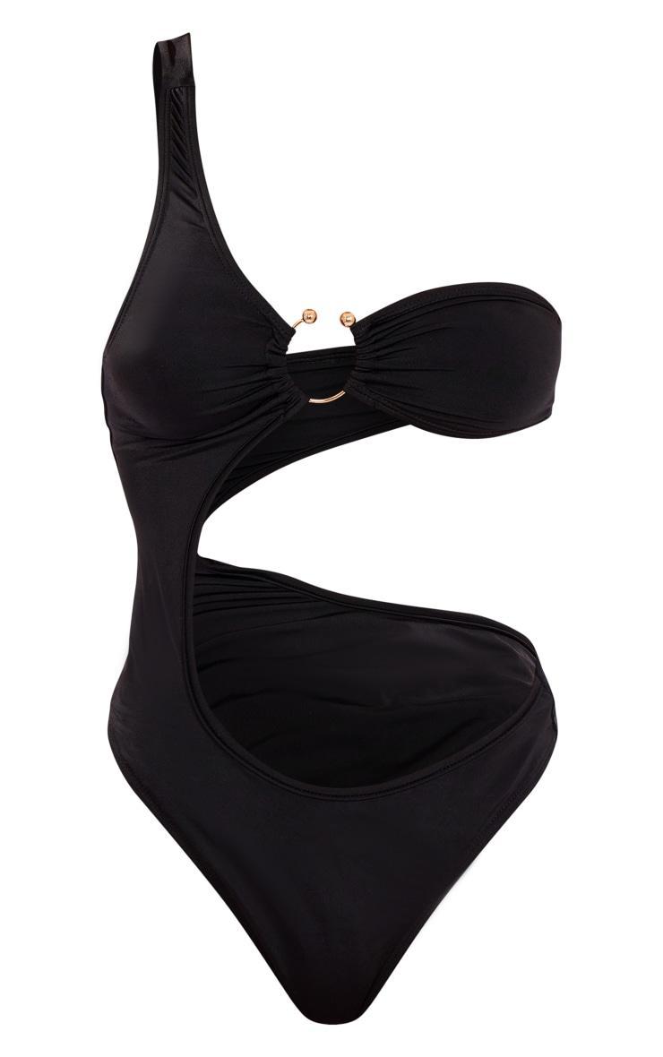 Black Cut Out Trim One Shoulder Swimsuit Product Image