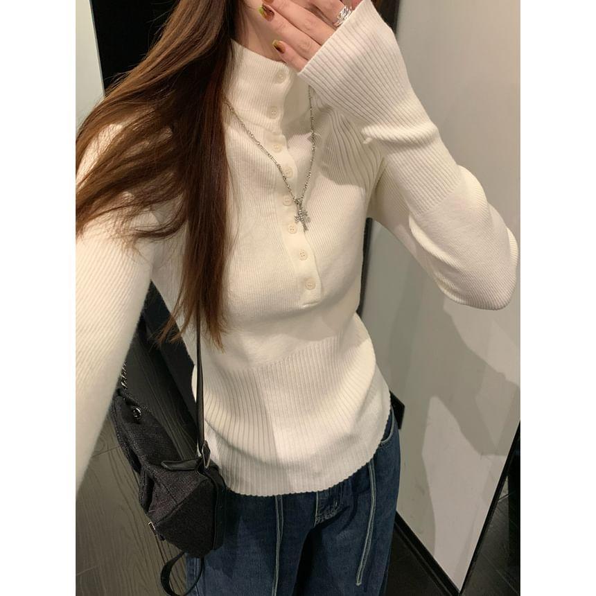 Long Sleeve Plain Ribbed Knit Polo Top Product Image