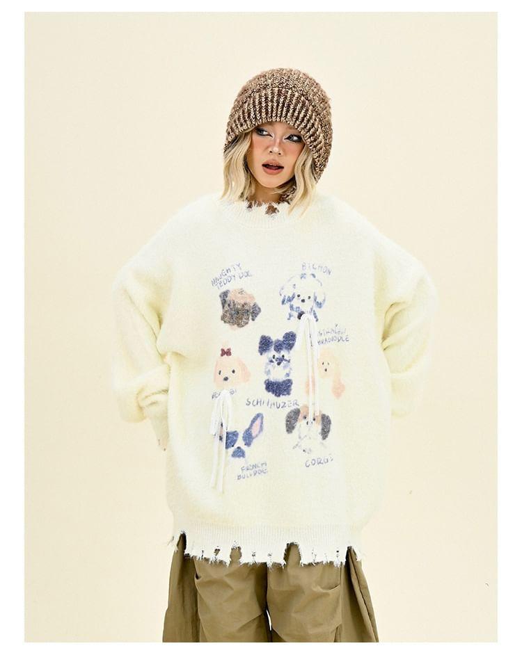 Drop Shoulder Round Neck Dog Print Distressed Oversized Sweater Product Image