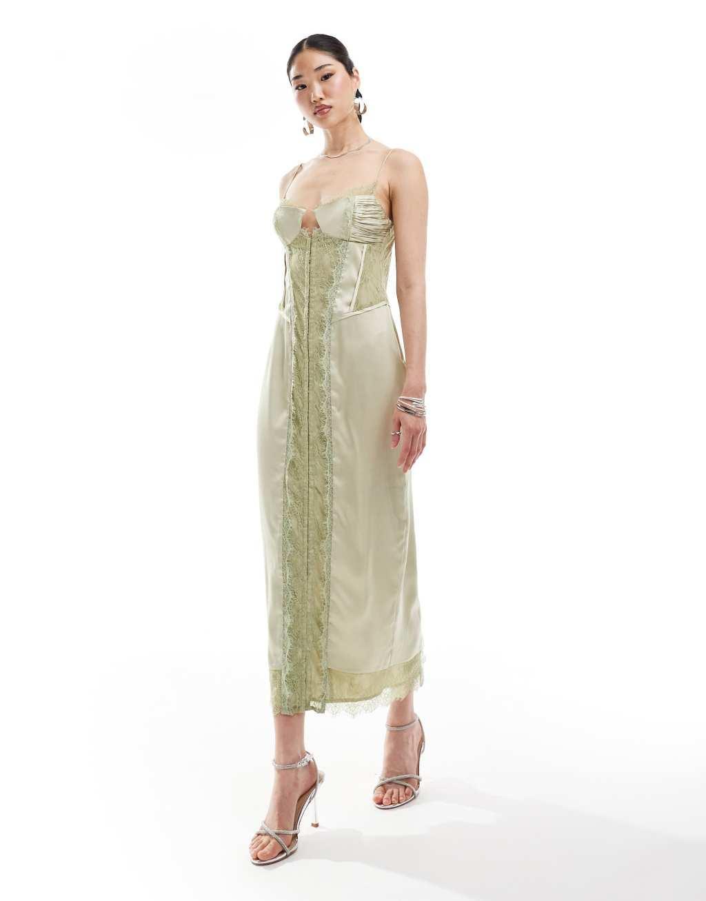 ASOS DESIGN satin patchwork lace midi dress with hook and eye detail in sage green Product Image