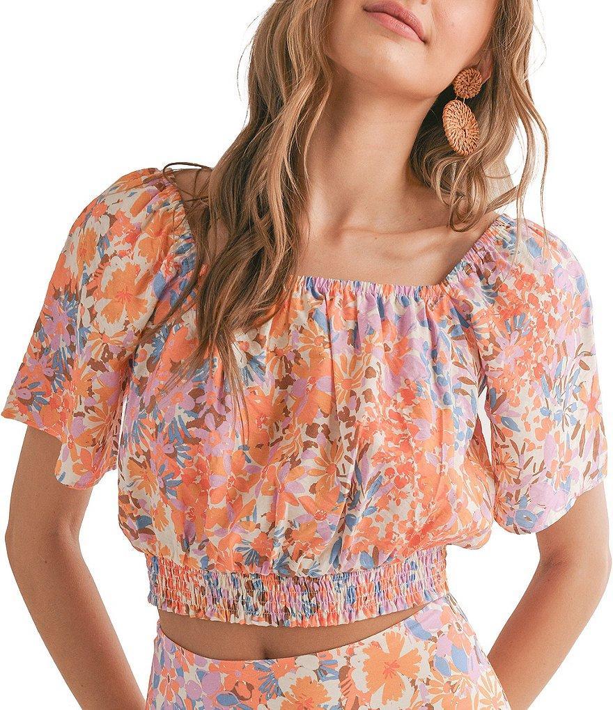 Sadie & Sage Woven Coordinating Moonscape Square Neck Smocked Short Sleeve Cropped Top product image