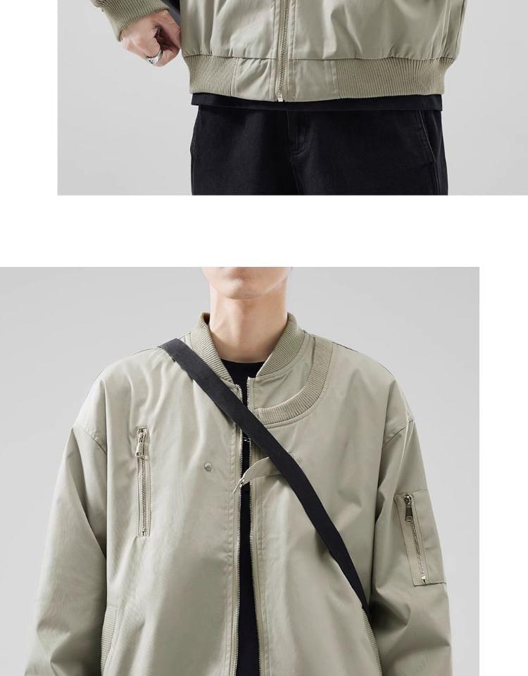 Drop-Shoulder Plain Zip Bomber Jacket Product Image