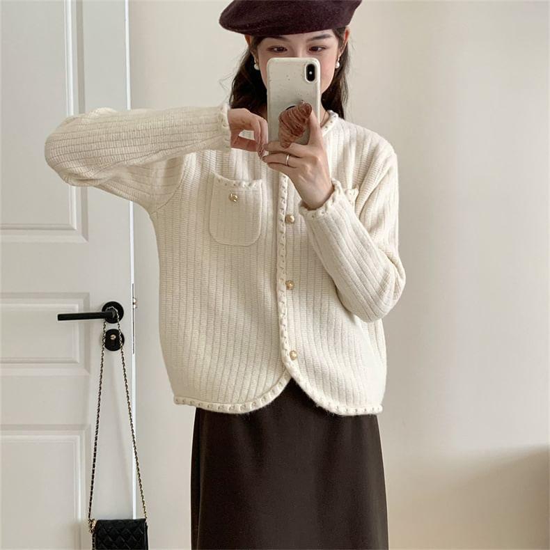 Crew Neck Plain Button-Up Cardigan Product Image