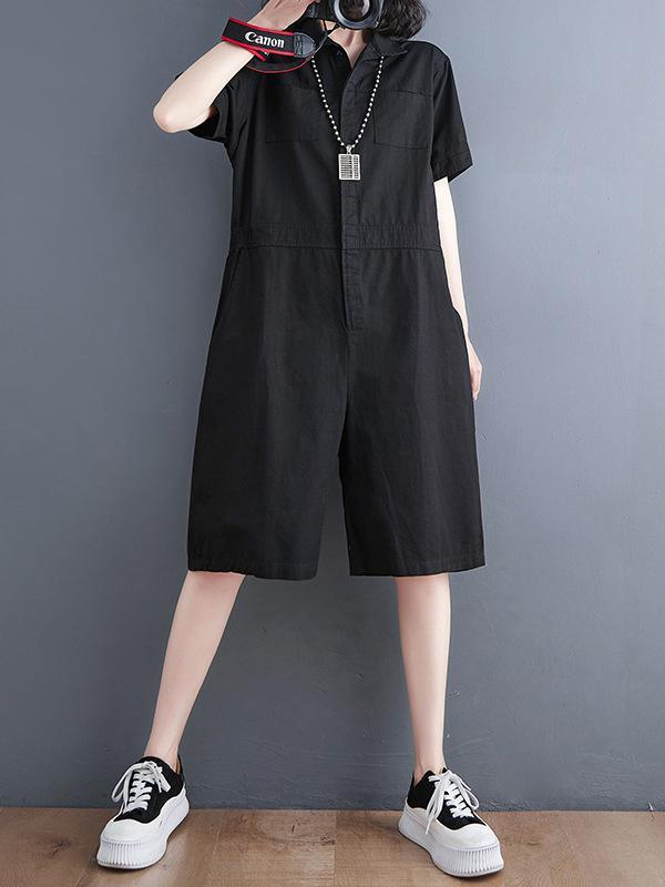 Simple Solid Color Lapel Short Sleeve Jumpsuits Product Image