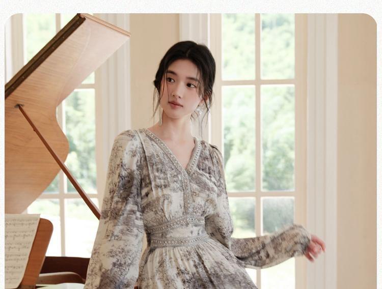 Long-Sleeve V-Neck Print Embellished Maxi A-Line Dress Product Image