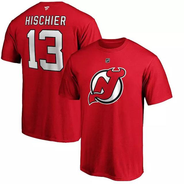 Mens Fanatics Branded Nico Hischier Red New Jersey Devils Team Authentic Stack Name & Number T-Shirt Product Image