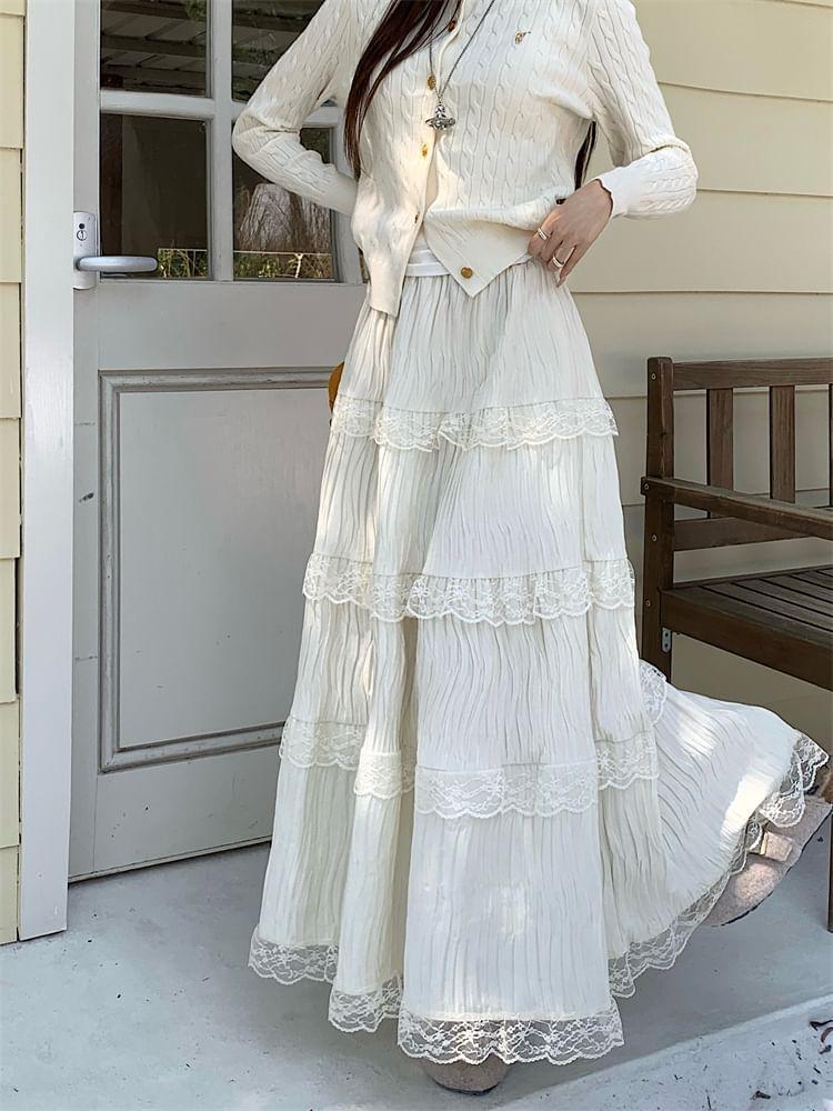 High Rise Plain Lace Trim Maxi A-Line Skirt Product Image