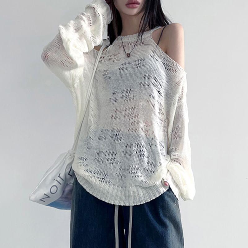 Long-Sleeve Crew Neck Cold Shoulder Plain Perforated Sheer Knit Top Product Image