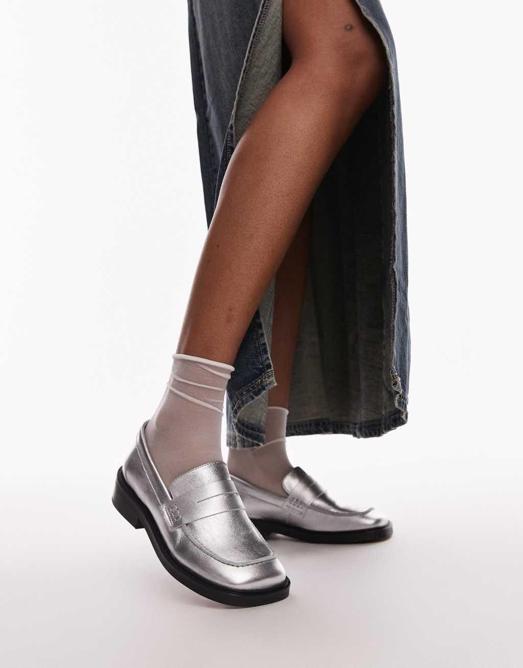 Topshop Cole premium leather square toe loafers in silver Product Image