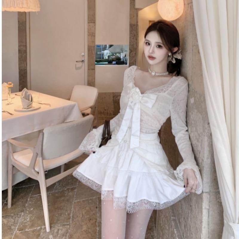 Long Sleeve V-Neck Plain Bow Lace Top / High Waist Ruffle Mini A-Line Skirt Product Image