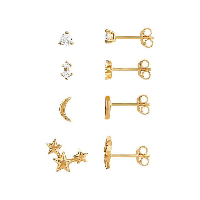 PRIMROSE 4-Pair 18k Gold Plated Cubic Zirconia Star & Crescent Moon Stud Earring Set, Womens, Yellow Product Image