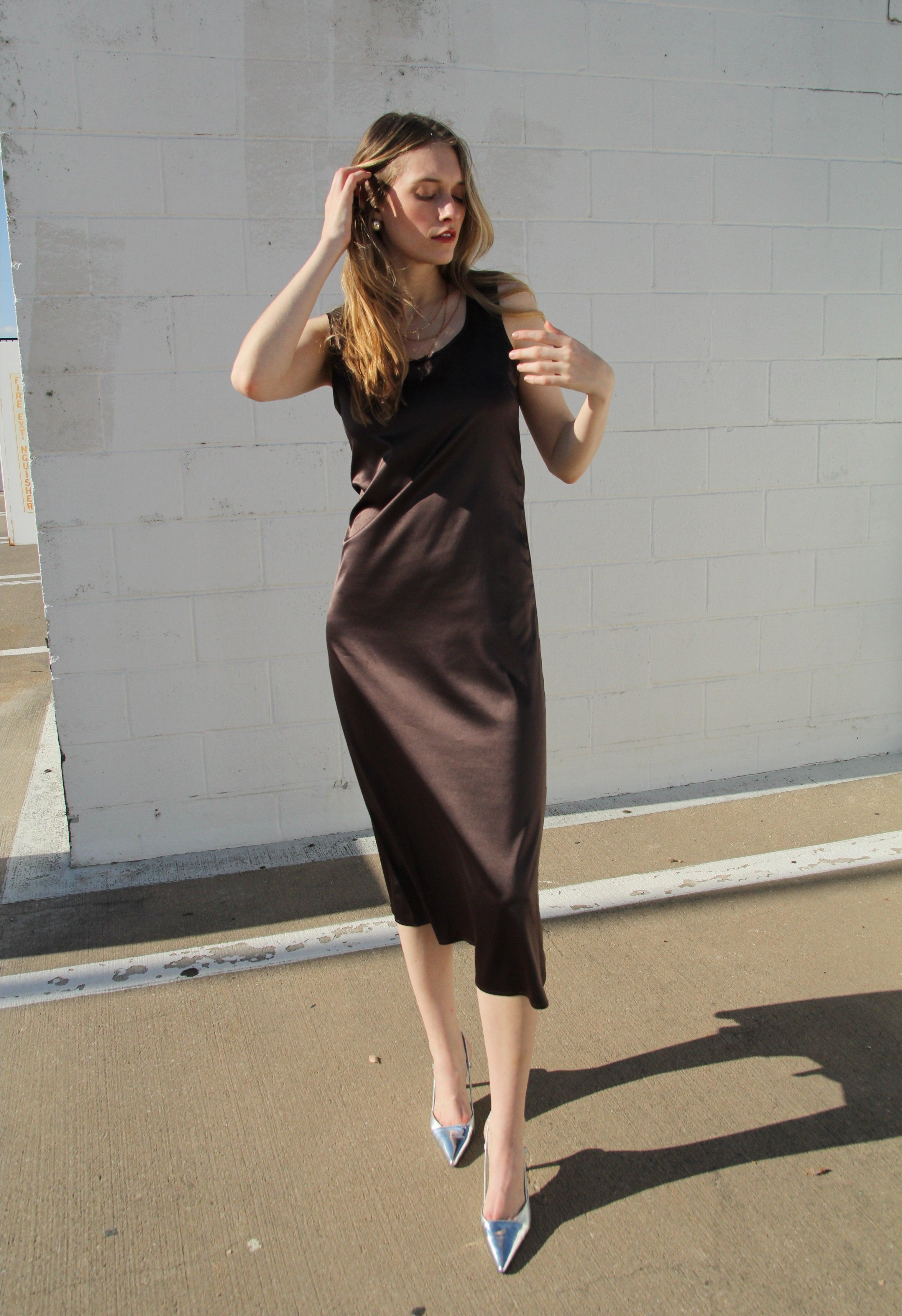 Brown Draped Satin Dress Product Image