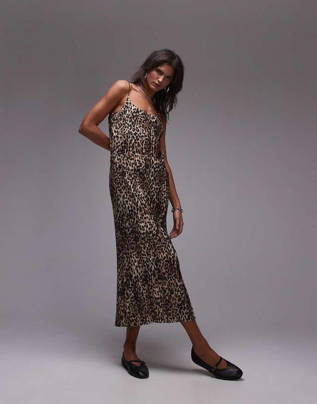 Topshop spaghetti strap crinkle plisse midi dress in leopard print Product Image