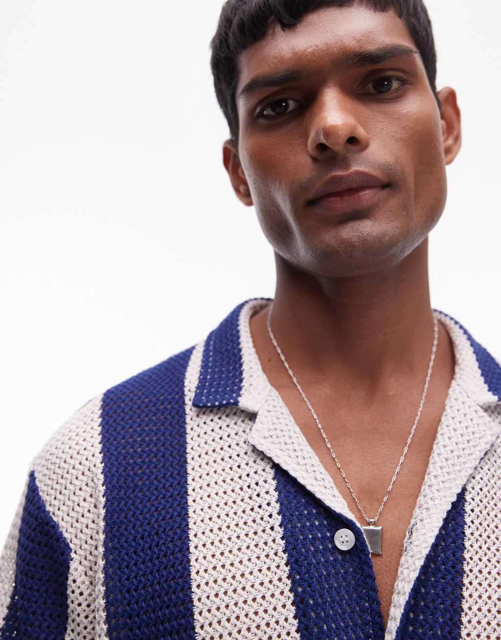 Topman short sleeve crochet striped shirt in blue Product Image