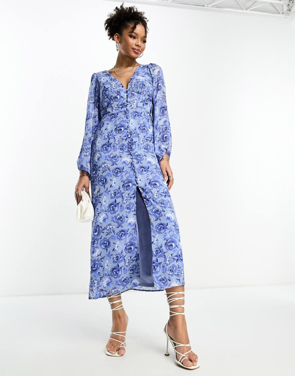 Vila v neck button up maxi dress in blue floral Product Image