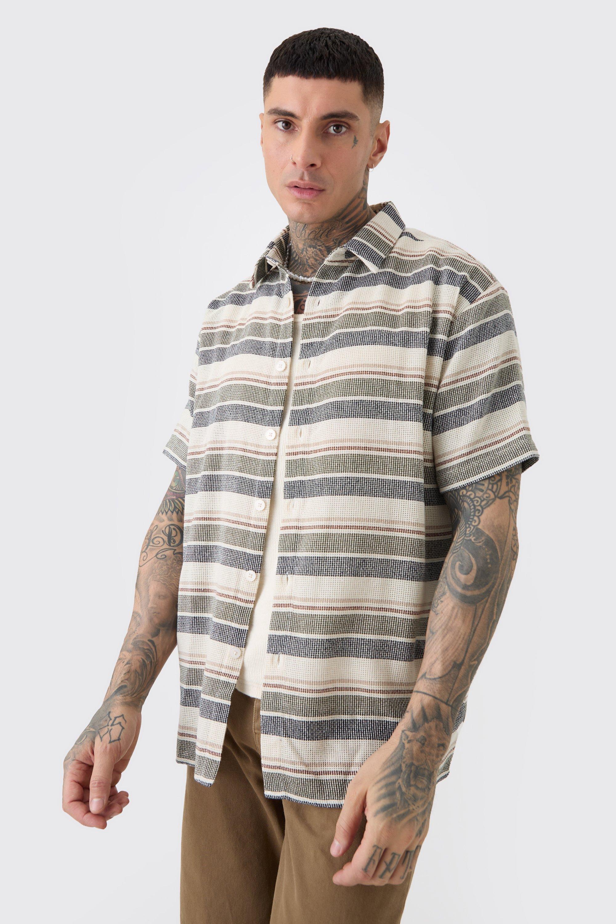 Tall Short Sleeve Oversized Textured Stripe Shirt In Stone | boohooMAN USA Product Image