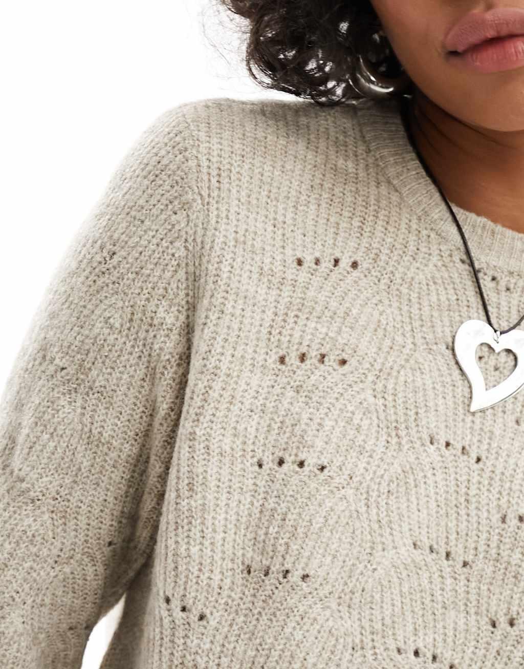 Only pointelle detail sweater in taupe  Product Image