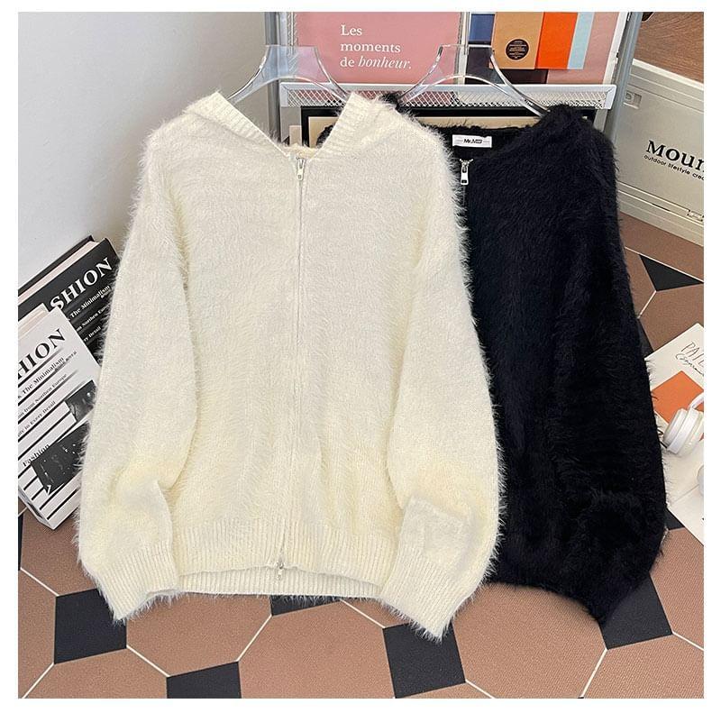 Plain Hooded Fluffy Zip Cardigan Product Image