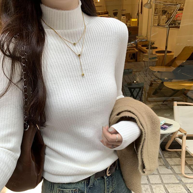 Mock Neck Plain Ribbed Sweater Product Image