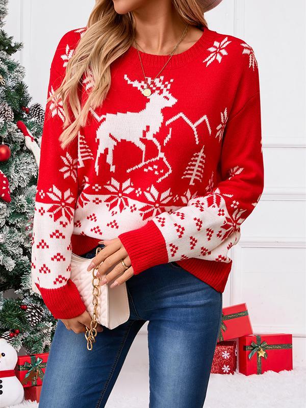 Christmas Long Sleeves Loose Contrast Color Split-Joint Round-Neck Pullovers Sweater Tops Product Image