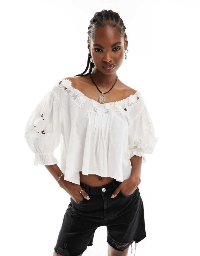 Free People lace applique cropped cotton blouse in white Product Image