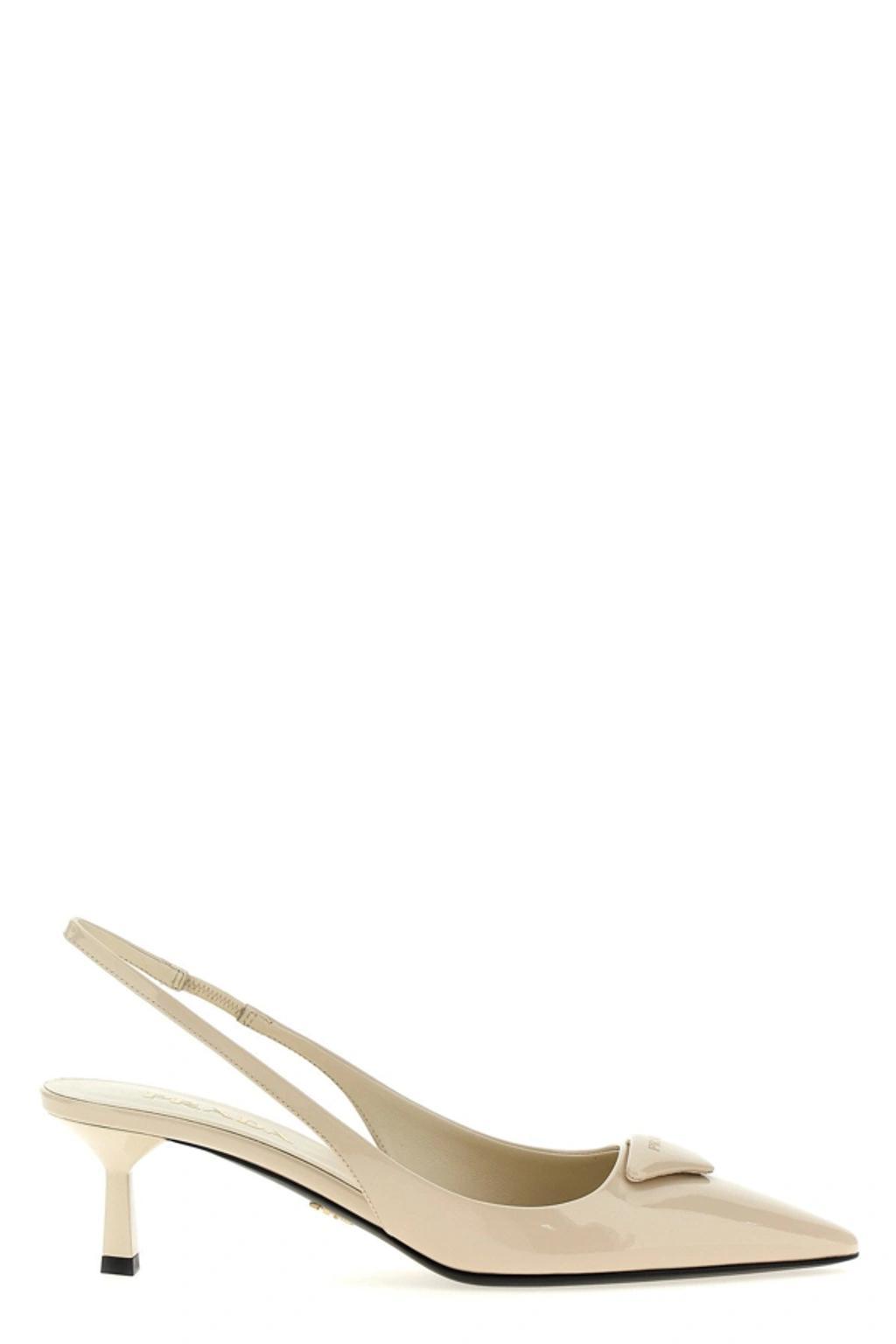 Brand-plaque Slingback Heeled Leather Pumps In Beige Khaki Product Image