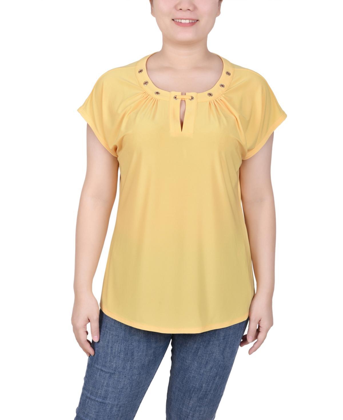 Ny Collection Petite Grommet Neck Knit Short Extended Sleeve Top Product Image