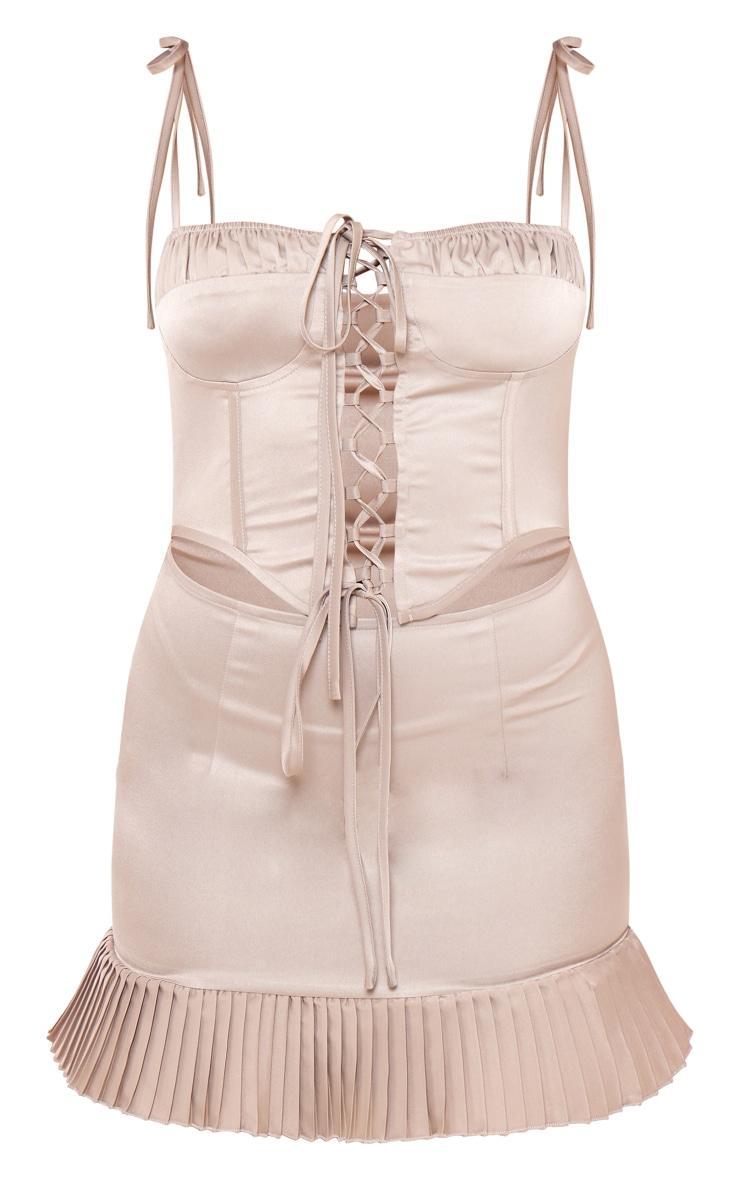 Taupe Lace Up Corset Frill Hem Shift Dress Product Image