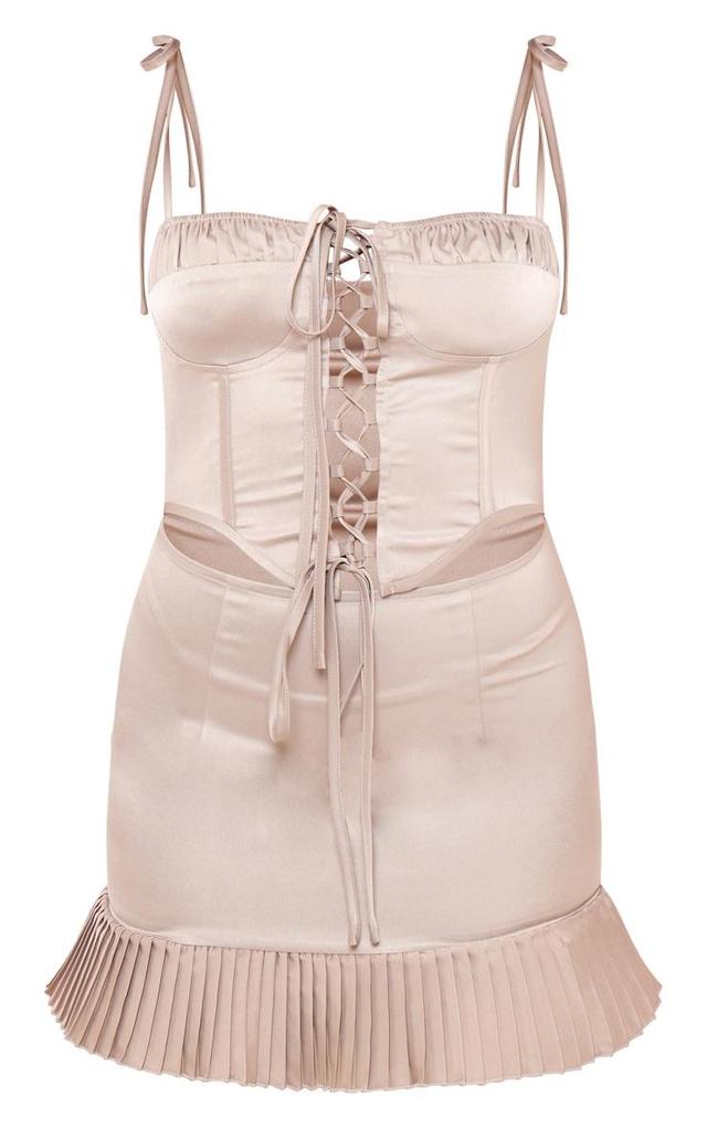 Taupe Lace Up Corset Frill Hem Shift Dress Product Image