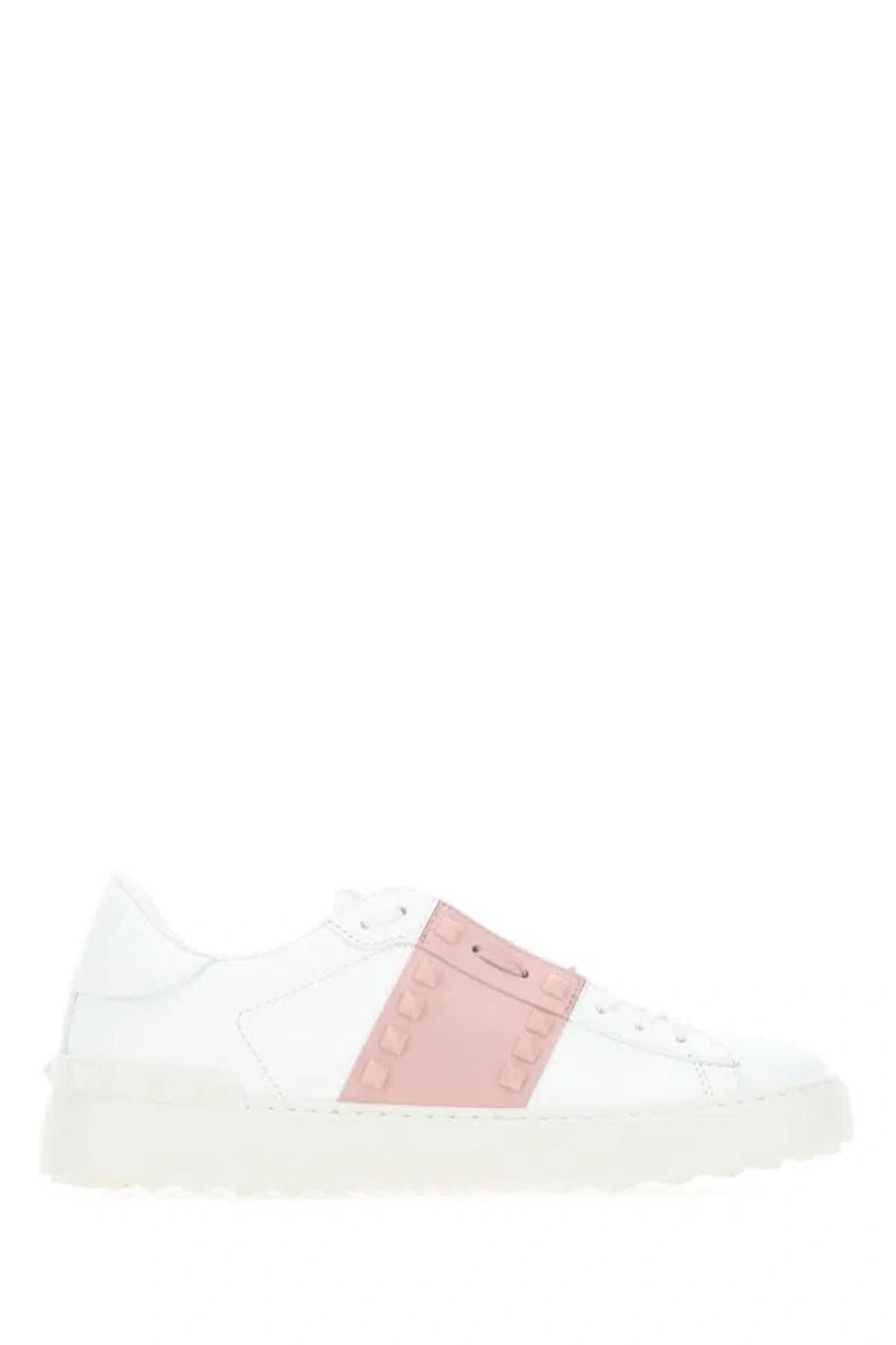 VALENTINO GARAVANI Woman White Leather Rockstud Untitled Sneakers With Powder Pink Band Product Image