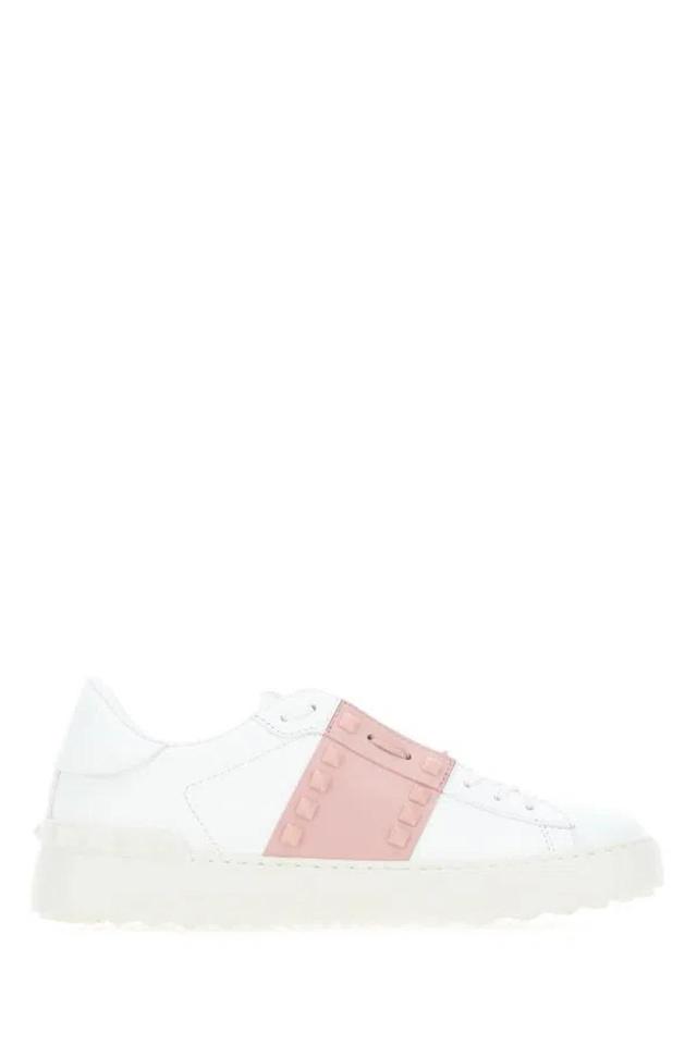 Woman White Leather Rockstud Untitled Sneakers With Powder Pink Band Product Image