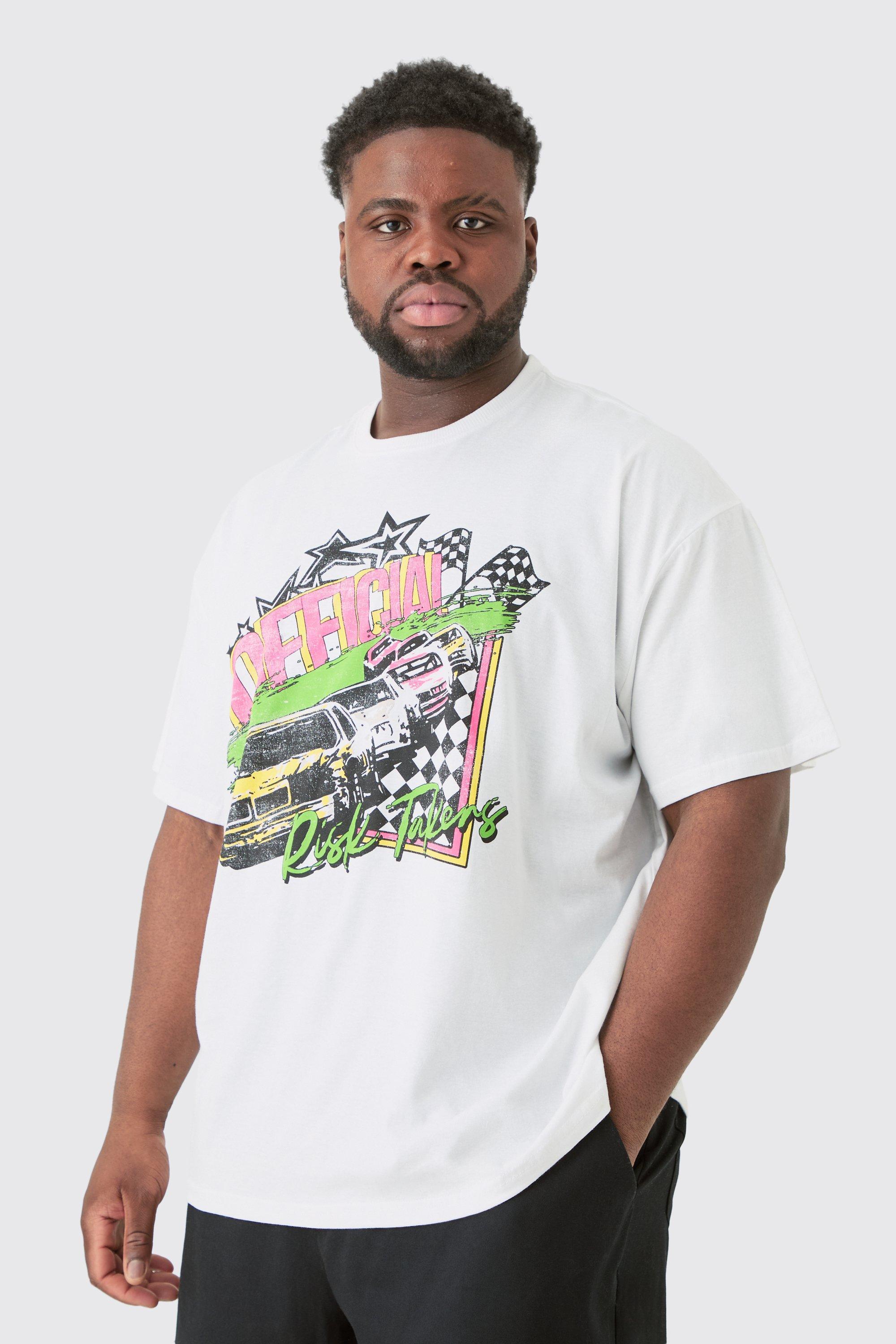 Mens White Plus Oversized Neon Moto T-shirt, White Product Image