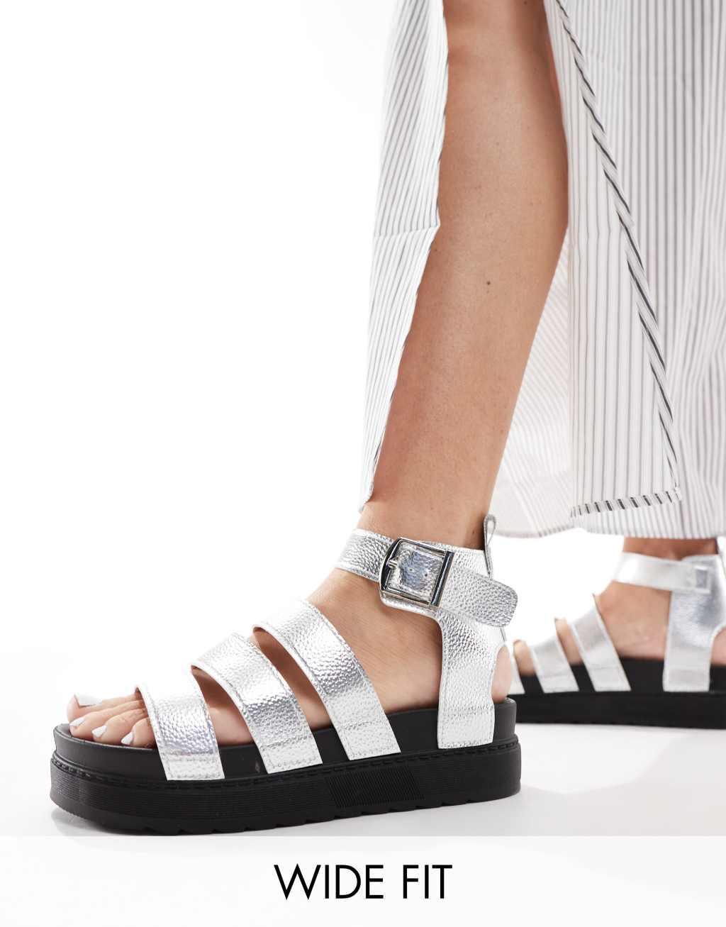 Truffle Collection wide fit wide strap sandals in silver Product Image