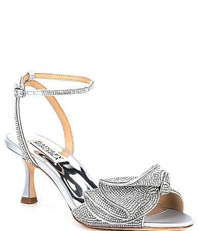 Badgley Mischka Womens Remi Almond Toe Rhinestone Ruffle Mid Heel Sandals Product Image