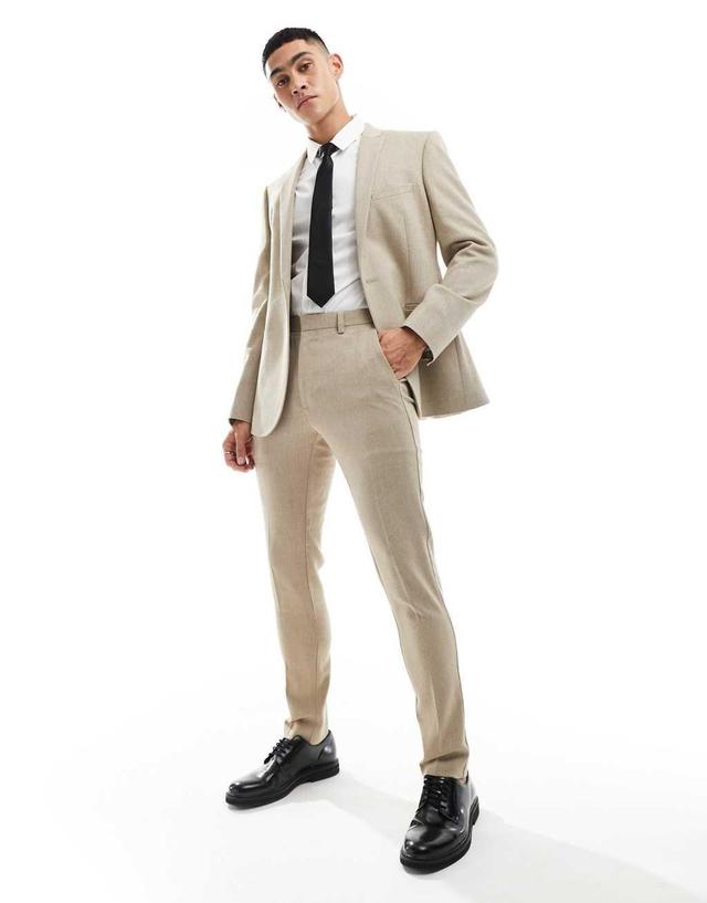 ASOS DESIGN skinny fit wool mix suit pants in camel basketweave Product Image