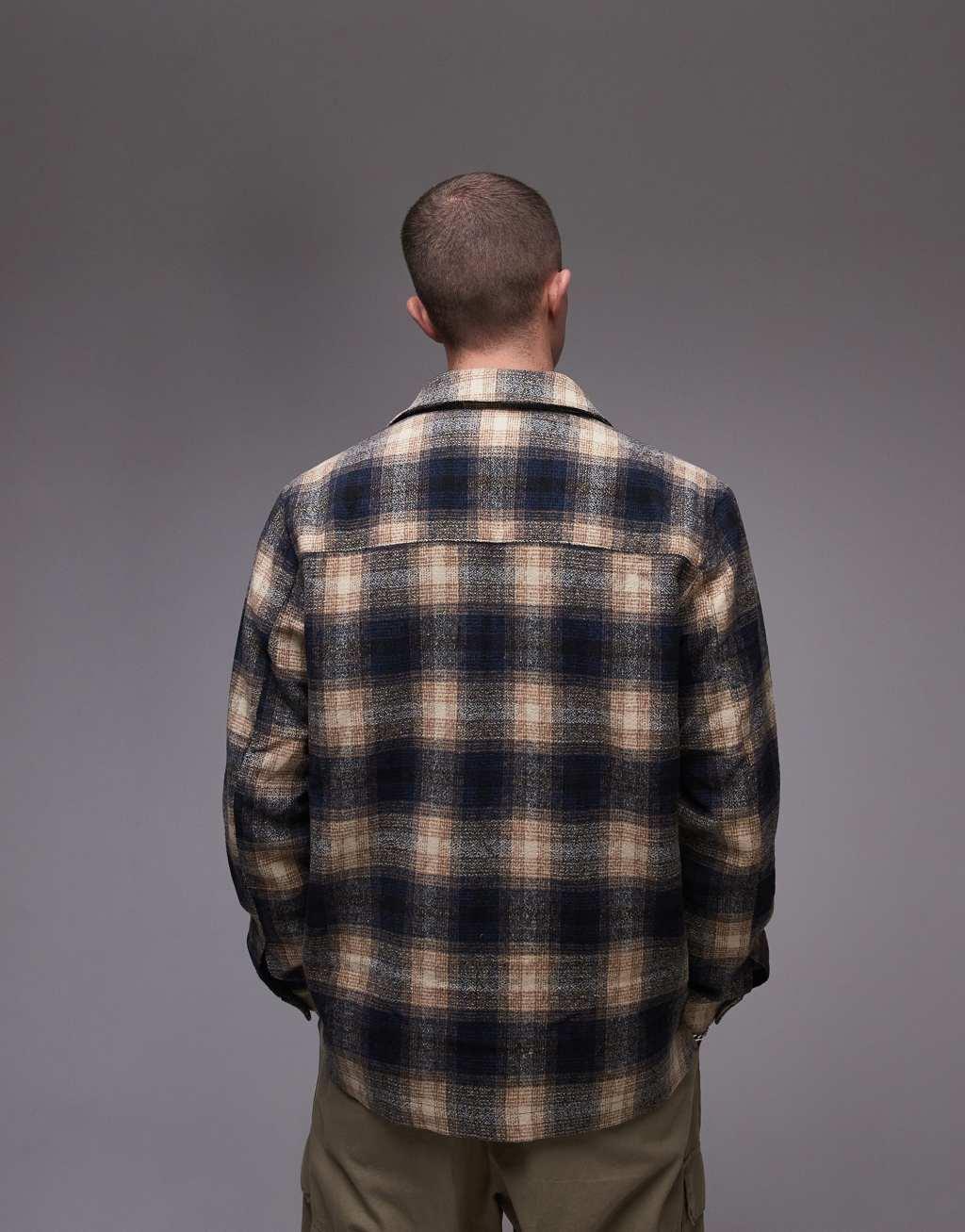 Topman long sleeve brushed plaid overshirt in brown Product Image