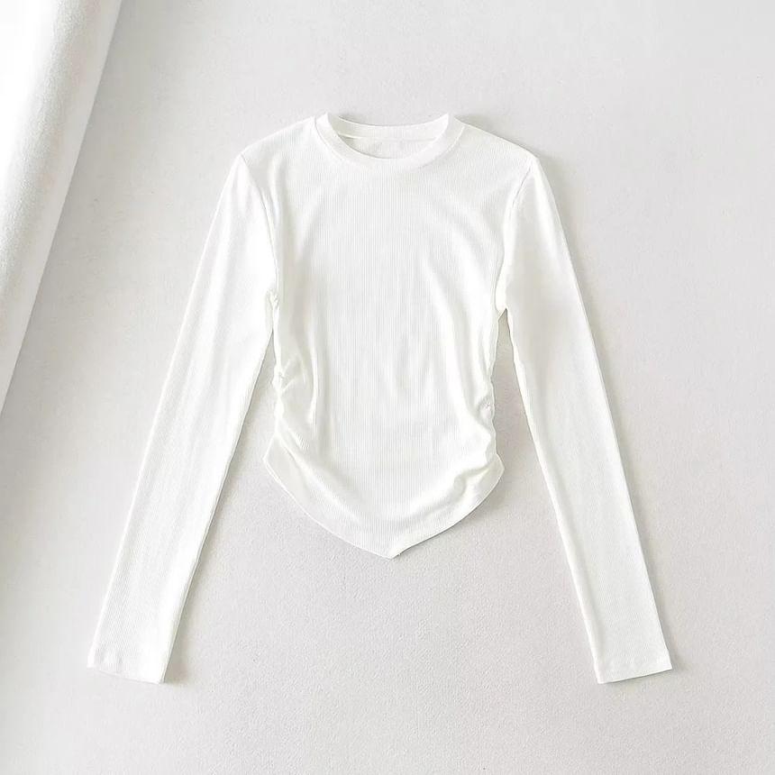 Long-Sleeve Crew Neck Plain Ruchhed Slim Fit Tee Product Image