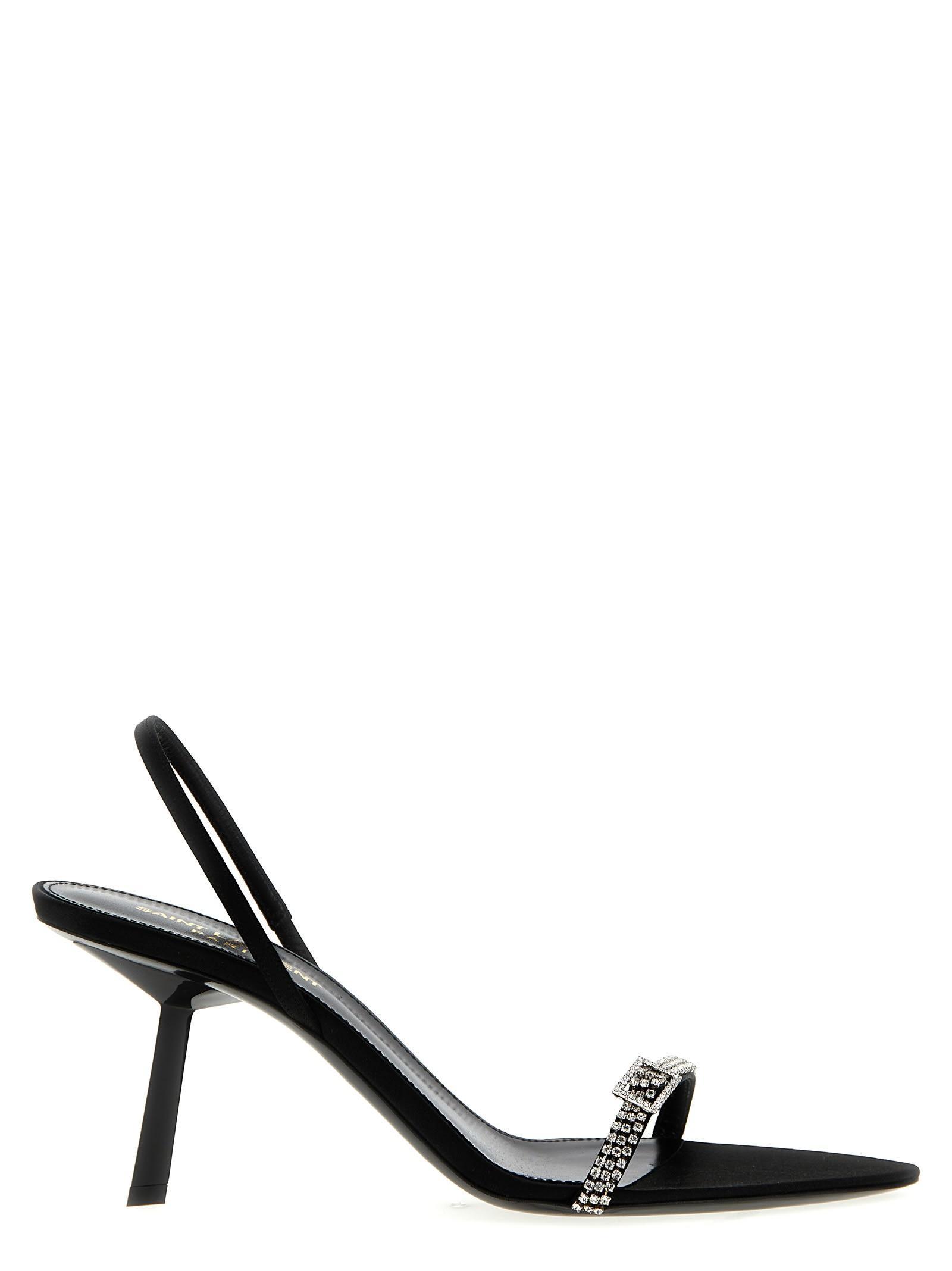 SAINT LAURENT Crystal-embellished Satin Slingback Sandals In Black Product Image