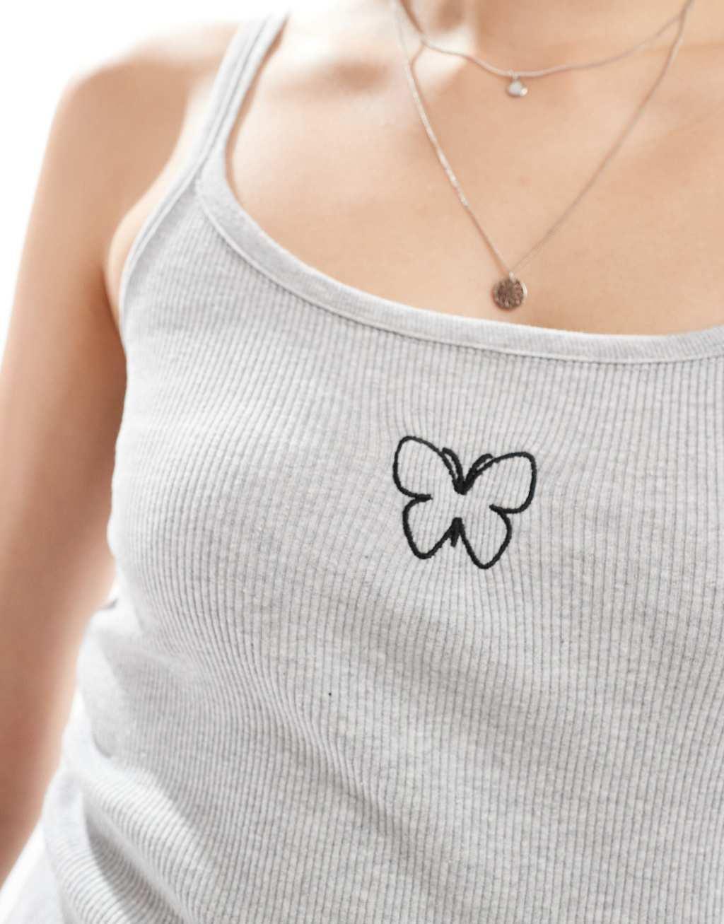 ONLY ribbed tank top with embroidered butterfly in gray  Product Image