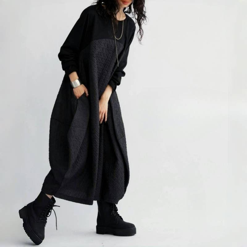 Long-Sleeve Crew Neck Plain Midi A-Line Dress Product Image