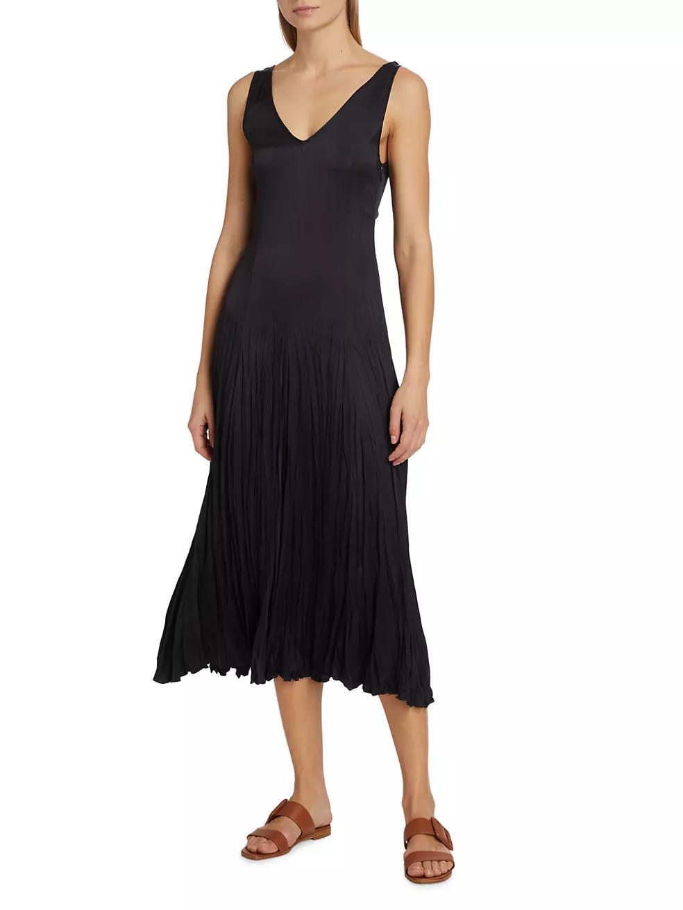 Satin Pleated V-Neck Midi Dress Product Image