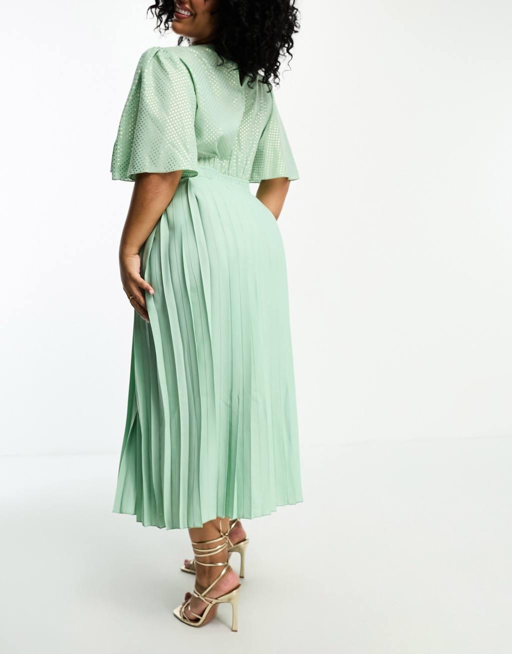 Little Mistress Plus plunge flutter sleeve midi dress in sage green Product Image