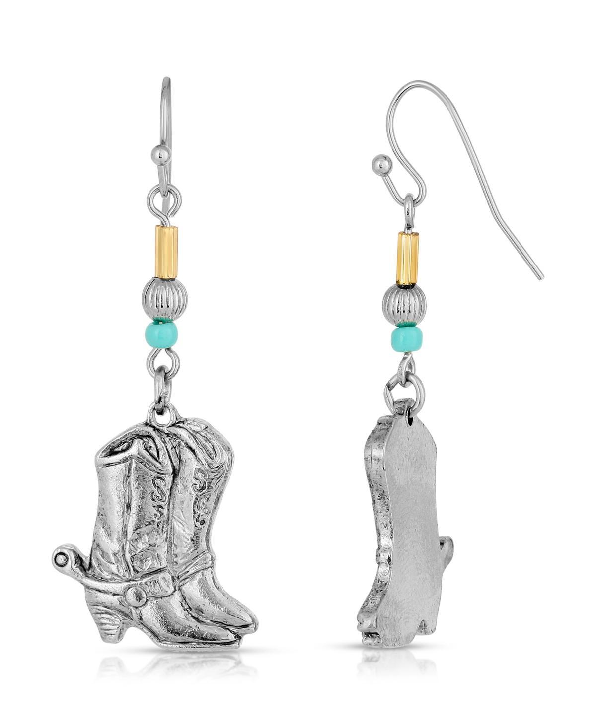 2028 Silver-Tone and Imitation Turquoise Accent Western Boots Drop Earrings Product Image