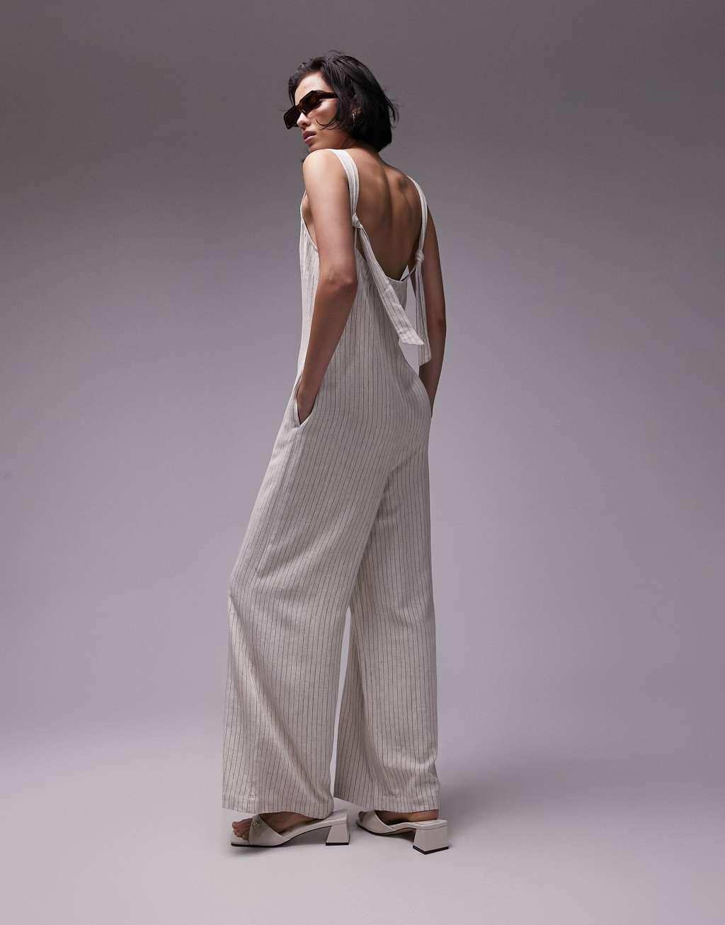 Topshop textured button down jumpsuit in linen mix stripe Product Image