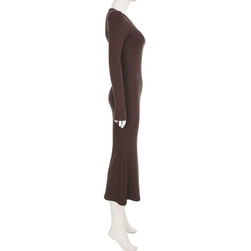 Long-Sleeve Crew Neck Plain Maxi Sheath Dress Product Image