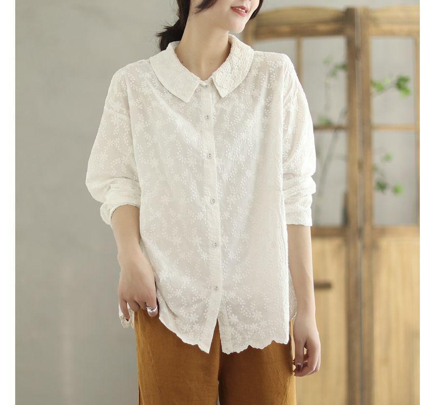 Long-Sleeve Doll Collar Floral Embroidery Lace Panel Button-Up Blouse Product Image