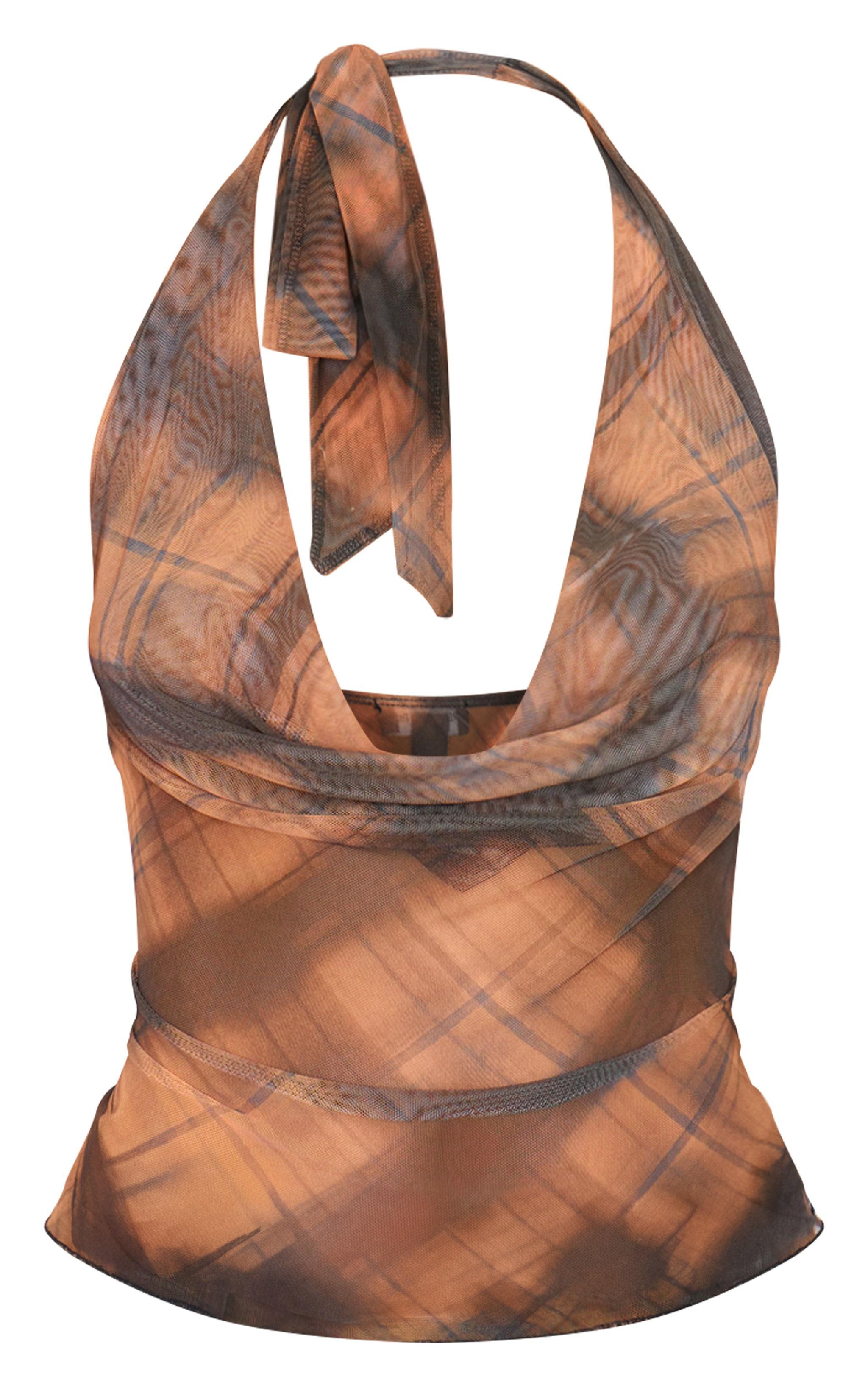 Brown Check Print Mesh Cowl Halterneck Crop Top Product Image